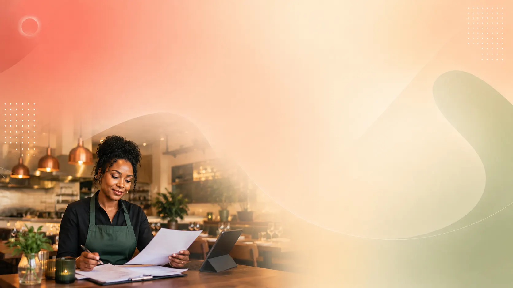 Restaurant owner reviewing invoices at a dining-room table