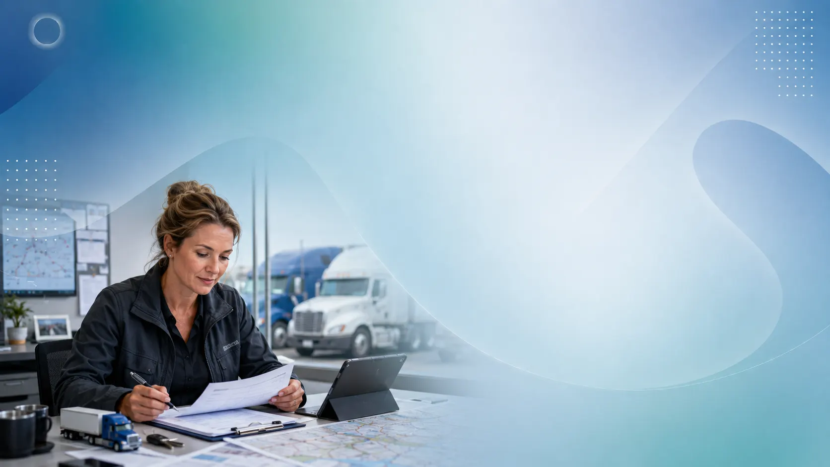 Fleet owner reviewing dispatch paperwork with semi trucks outside